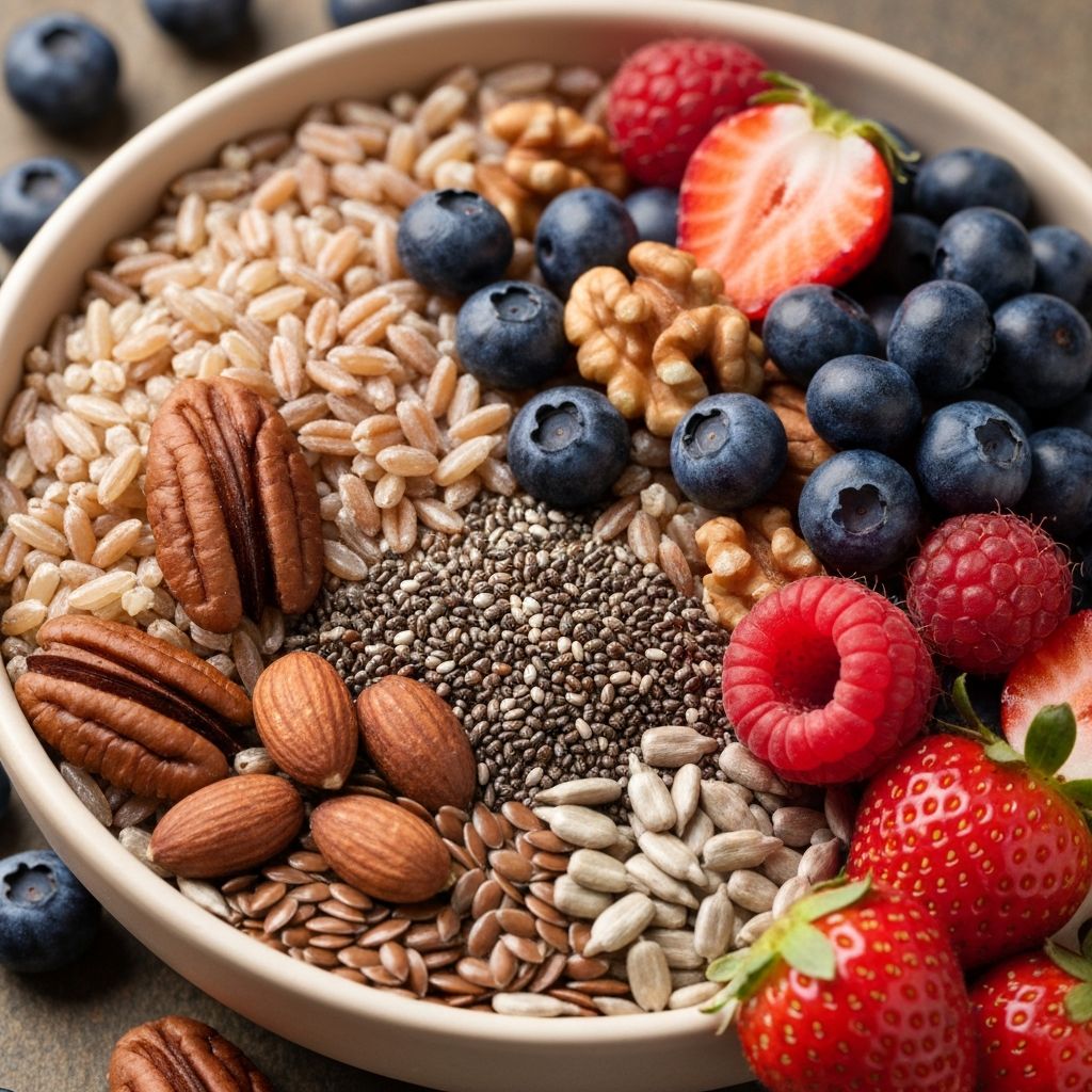 Array of whole foods demonstrating nutritional variety